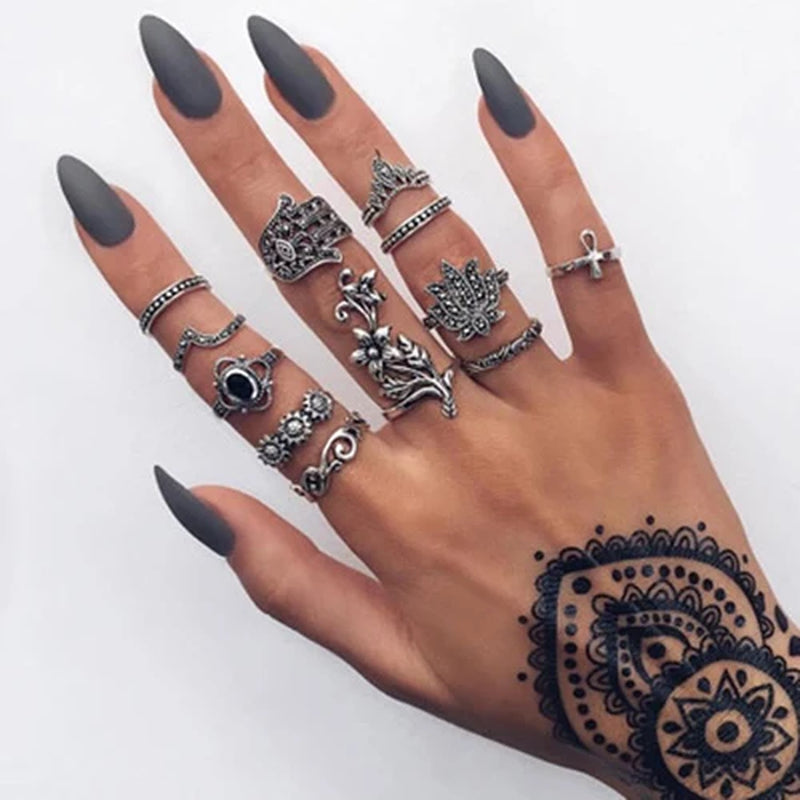 Bohemia Antique Gold Color Elephant Flower Rose Heart Crown Carved Rings Set Vintage Animal Joint Ring Women'S Jewelry