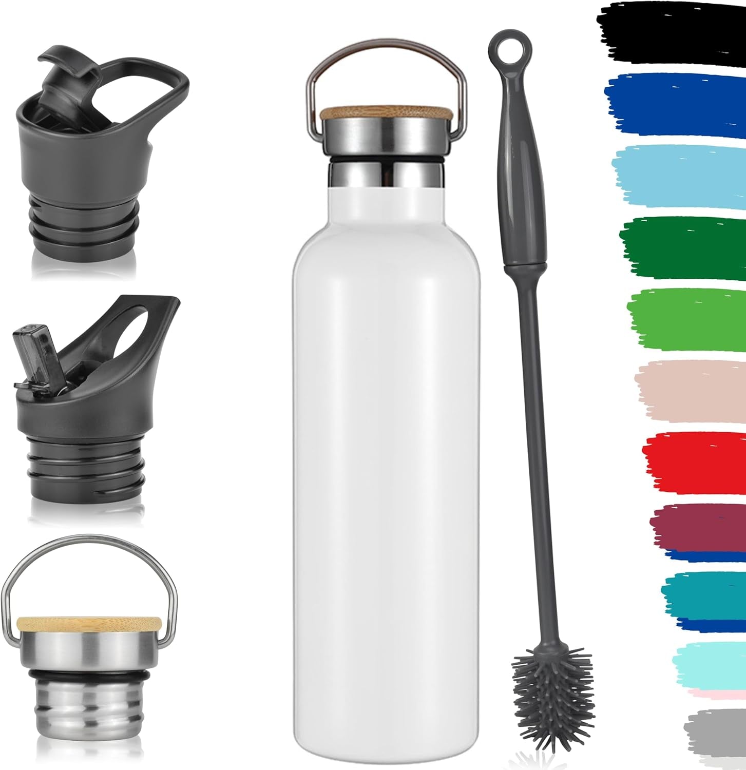 Milu Edelstahl Trinkflasche 350Ml 500Ml 750Ml 1000Ml (+3 Deckel) - Thermosflasche Mit Strohhalm, Isolierte Wasserflasche, Auslaufsichere Isolierflasche Doppelwandig, Kohlensäure Geeignet (Weiß, 750Ml)