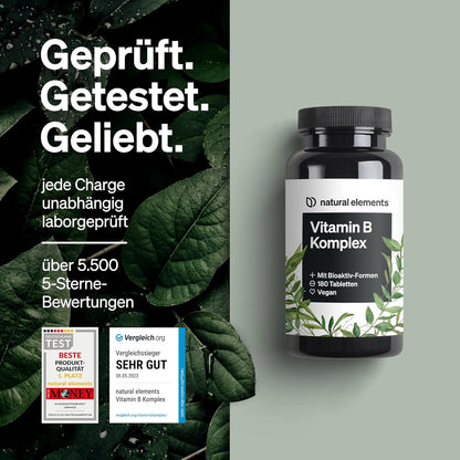 Vitamin B Komplex - 180 Tabletten - Premium: Mit Bio-Aktivformen, Quatrefolic® & Kofaktoren - Vegan, Hochdosiert, Ohne Unnötige Zusätze – in Deutschland Produziert & Laborgeprüft