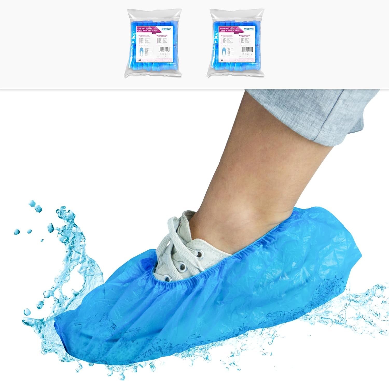 ARNOMED Einweg Schuhüberzieher - 200 Stück | Wasserdichte CPE Überschuhe, Latexfrei - Ideale Schuhschutz für Baustellen und Regen