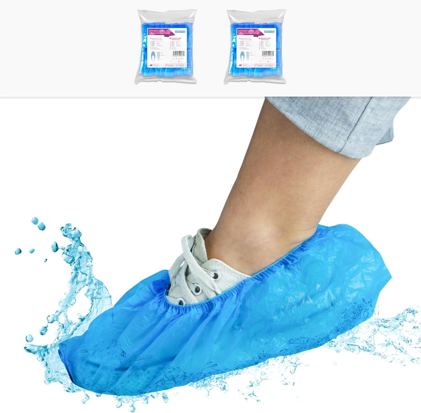 ARNOMED Einweg Schuhüberzieher - 200 Stück | Wasserdichte CPE Überschuhe, Latexfrei - Ideale Schuhschutz für Baustellen und Regen