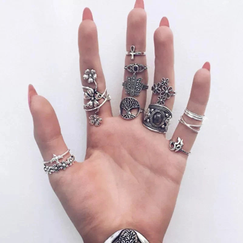 Bohemia Antique Gold Color Elephant Flower Rose Heart Crown Carved Rings Set Vintage Animal Joint Ring Women'S Jewelry