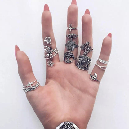 Bohemia Antique Gold Color Elephant Flower Rose Heart Crown Carved Rings Set Vintage Animal Joint Ring Women'S Jewelry