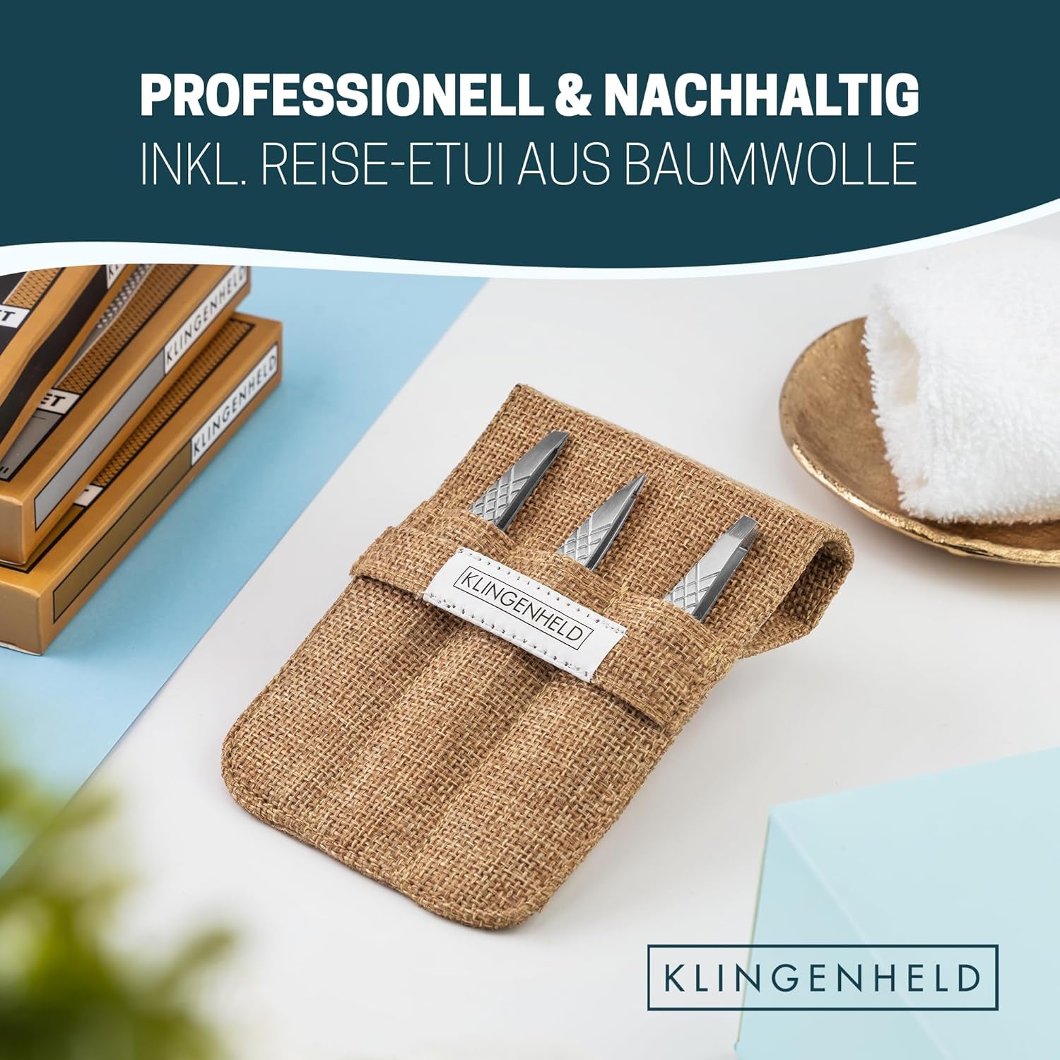 KLINGENHELD® Profi Pinzetten-Set Mit Comfortgrip-Spitzen & Anti-Rutsch Griff - Maximaler Halt & Höchste Präzision - Inkl. Baumwoll-Etui 100% Plastikfrei & Nachhaltig - Pinzette Augenbrauen Zupfen