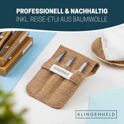 KLINGENHELD® Profi Pinzetten-Set Mit Comfortgrip-Spitzen & Anti-Rutsch Griff - Maximaler Halt & Höchste Präzision - Inkl. Baumwoll-Etui 100% Plastikfrei & Nachhaltig - Pinzette Augenbrauen Zupfen