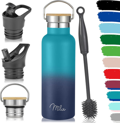 Milu Edelstahl Trinkflasche 500ml/750ml/1000ml - Thermosflasche mit Strohhalm, Auslaufsicher & Isoliert, Doppelwandige Wasserflasche für Kohlensäure (Grün Blau, 0,5L)