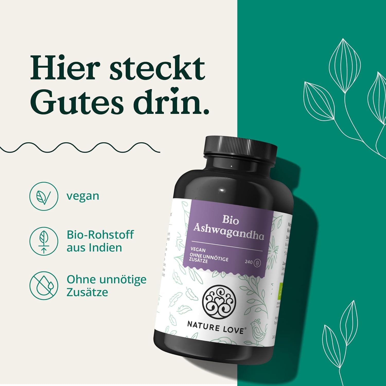 NATURE LOVE® Bio Ashwagandha - 240 Kapseln - Hochdosiert Mit 1950Mg Je Tagesdosis - Hochwertige Indische Schlafbeere - Laborgeprüft, Vegan, in Deutschland Produziert