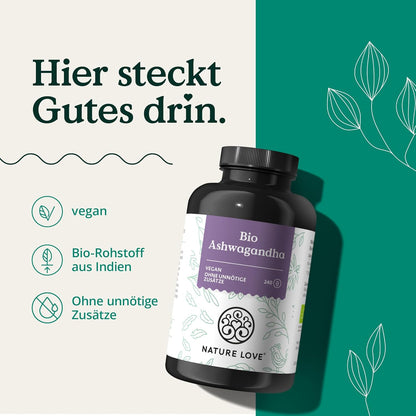 NATURE LOVE® Bio Ashwagandha - 240 Kapseln - Hochdosiert Mit 1950Mg Je Tagesdosis - Hochwertige Indische Schlafbeere - Laborgeprüft, Vegan, in Deutschland Produziert