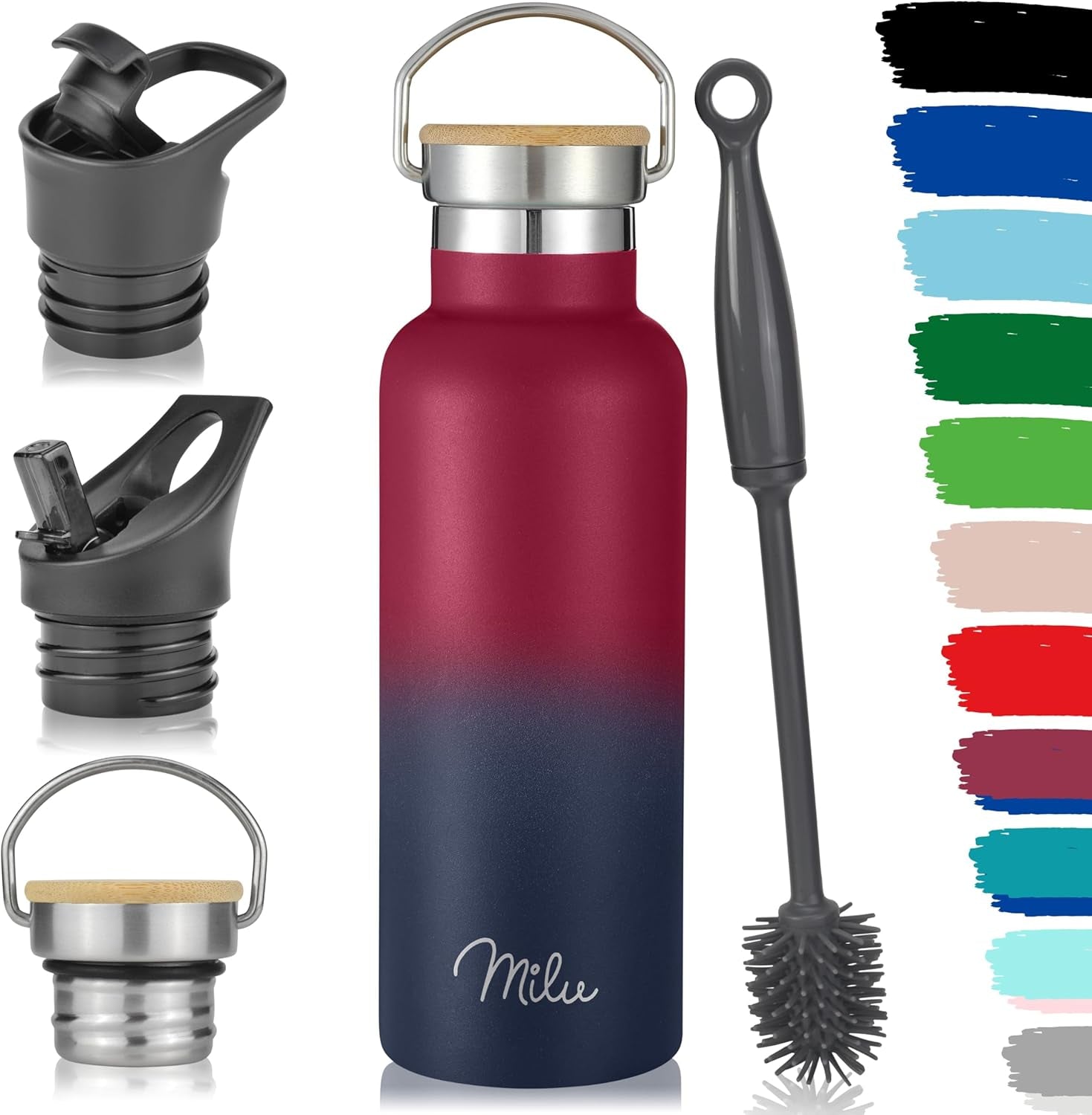 Milu Edelstahl Trinkflasche 500Ml, 750Ml, 1L (+3 Deckel) - Thermosflasche Mit Strohhalm, Isolierte Wasserflasche, Auslaufsichere Isolierflasche Doppelwandig, Kohlensäure Geeignet (Berry Blau, 0,5L)