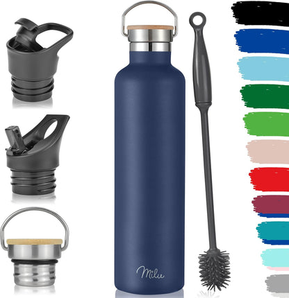 Milu Edelstahl Thermosflasche 1000ml - Auslaufsichere Wasserflasche mit Strohhalm und 3 Deckeln, Himmelblau, Doppelwandige Isolierflasche für kalte und heiße Getränke