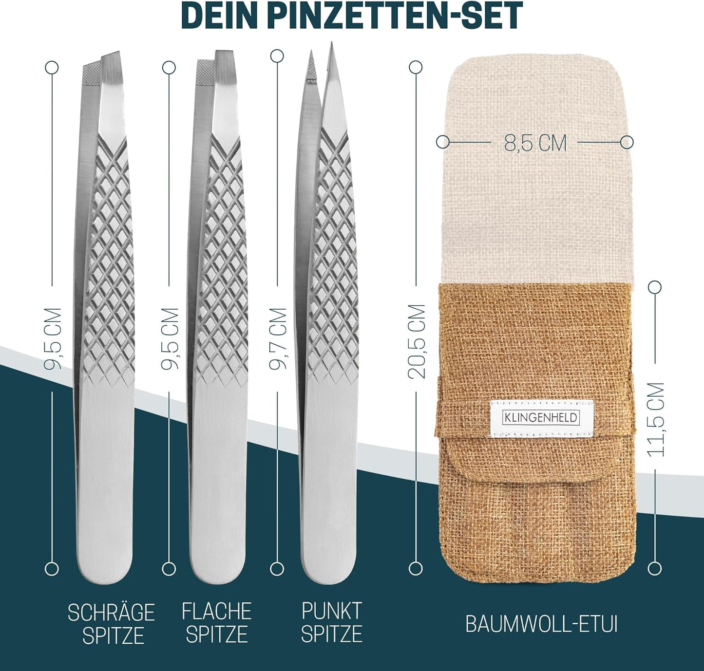 KLINGENHELD® Profi Pinzetten-Set Mit Comfortgrip-Spitzen & Anti-Rutsch Griff - Maximaler Halt & Höchste Präzision - Inkl. Baumwoll-Etui 100% Plastikfrei & Nachhaltig - Pinzette Augenbrauen Zupfen