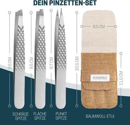 KLINGENHELD® Profi Pinzetten-Set Mit Comfortgrip-Spitzen & Anti-Rutsch Griff - Maximaler Halt & Höchste Präzision - Inkl. Baumwoll-Etui 100% Plastikfrei & Nachhaltig - Pinzette Augenbrauen Zupfen