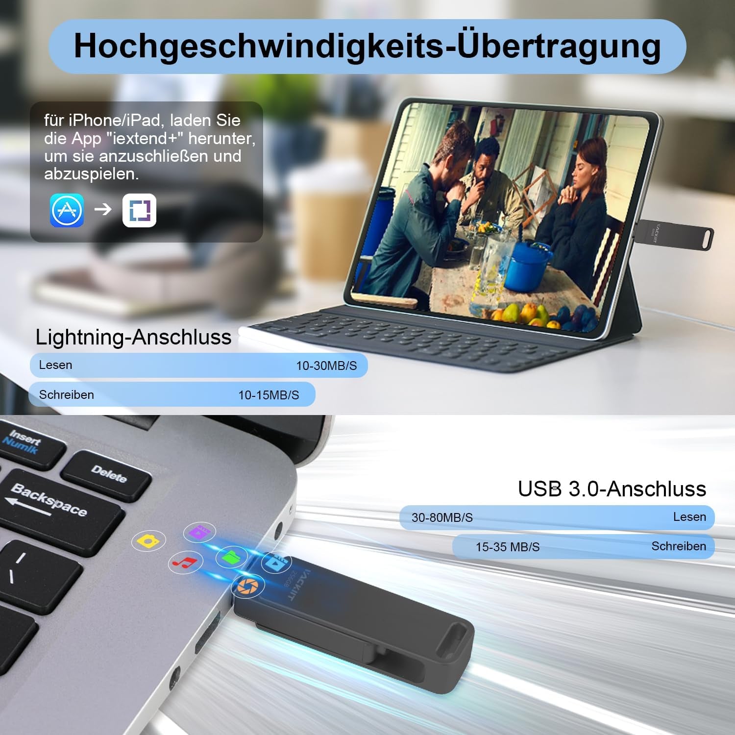 Vackiit 512GB MFI Certified USB Stick for iPhone & iPad - Lightning & USB 3.0 Compatible Photo Storage & Memory Expansion for Android and PC
