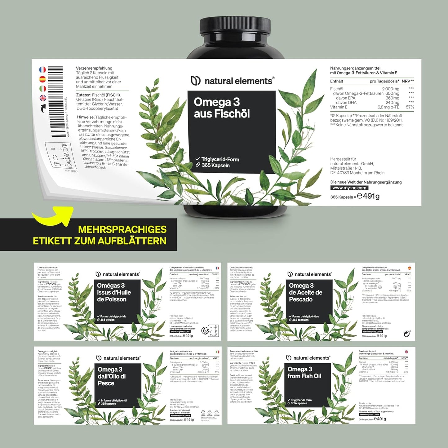 Omega 3 – 365 Kapseln – 2000Mg Fischöl Pro Tagesdosis – Mit EPA Und DHA in Triglycerid-Form – Laborgeprüft, Aufwendig Aufgereinigt Und Aus Nachhaltigem Fischfang