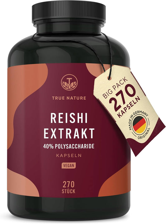 Reishi Pilz-Extrakt - 270 Kapseln (650Mg) - Hochdosiert: 1950Mg Pro Tag - 40% Polysaccharide - 3 Monate Vorrat - Ganoderma Lucidum - Vegan, Ohne Zusatzstoffe - Deutsche Produktion - TRUE NATURE®