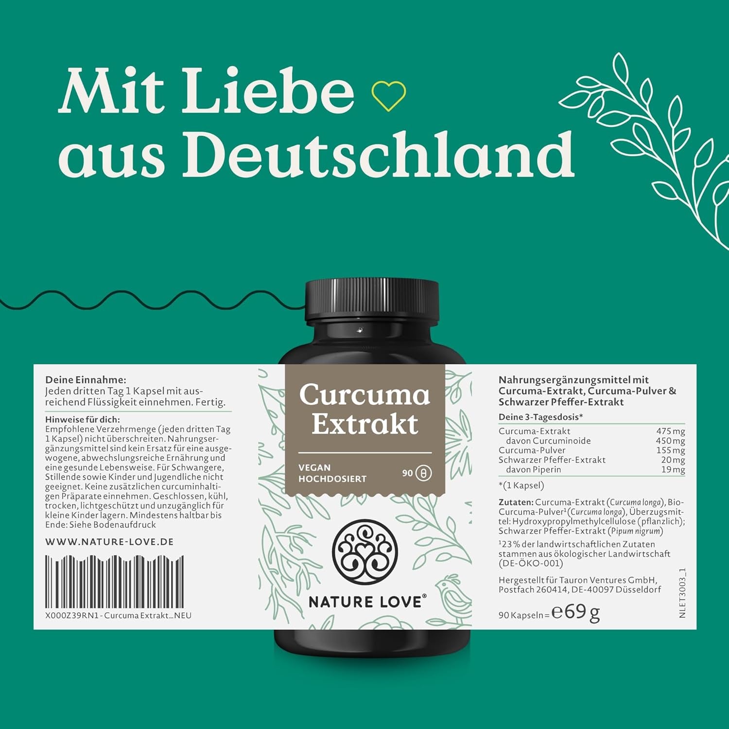 NATURE LOVE® Curcuma Extrakt 15000Mg - 90 Kurkuma Kapseln - Hochdosiert 95% Curcumin Pro Kapsel - Mit Schwarzem Pfeffer - Vegan, Laborgeprüft & in Deutschland Produziert