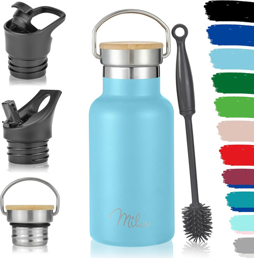 Milu Edelstahl Trinkflasche 350Ml 500Ml 750Ml 1000Ml (+3 Deckel) Thermosflasche Mit Strohhalm Isolierte Wasserflasche Für Kinder, Erwachsene, Für Unterwegs, Auslaufsicher (Himmelblau, 350Ml)