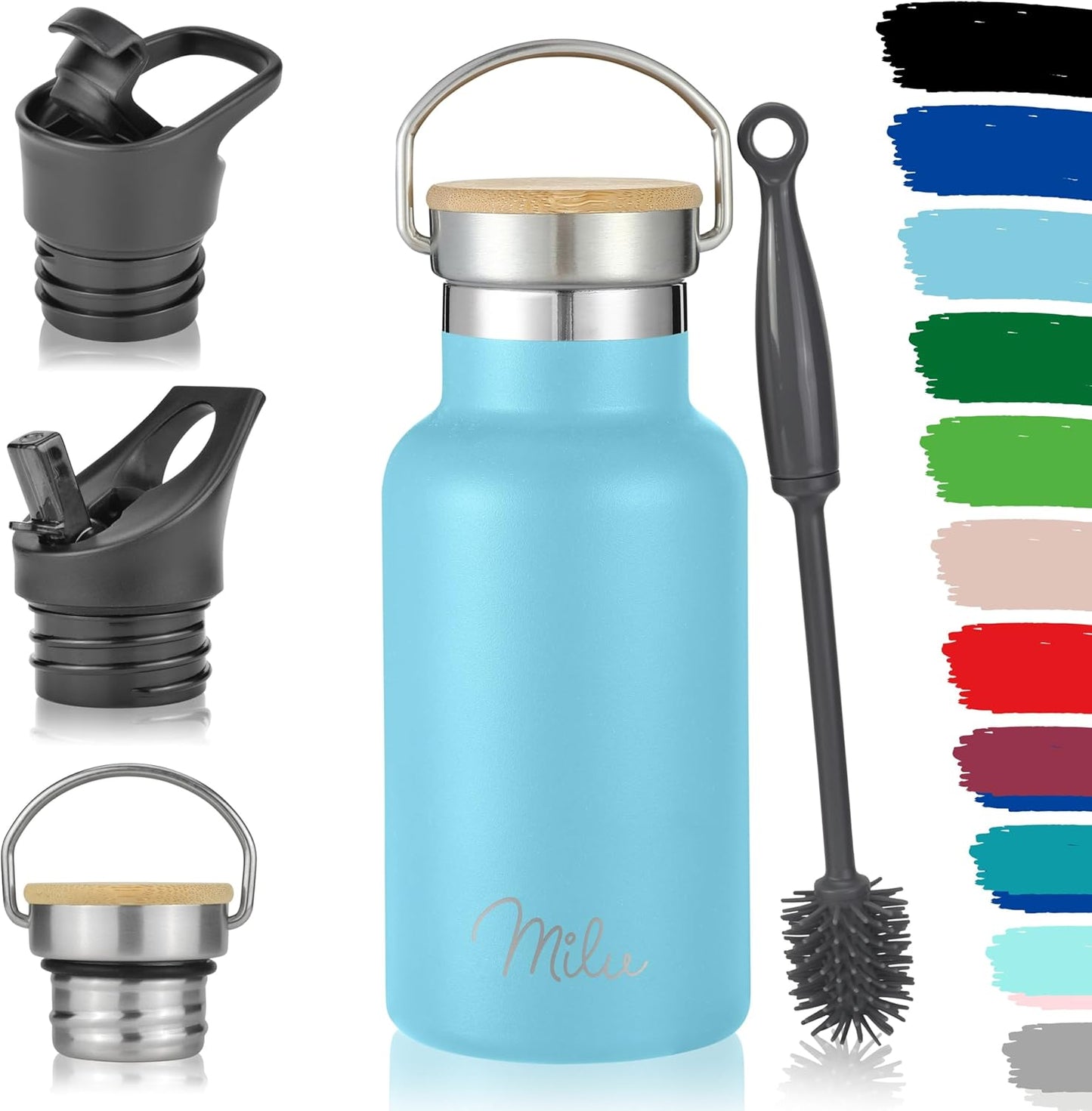 Milu Edelstahl Trinkflasche 350Ml 500Ml 750Ml 1000Ml (+3 Deckel) Thermosflasche Mit Strohhalm Isolierte Wasserflasche Für Kinder, Erwachsene, Für Unterwegs, Auslaufsicher (Himmelblau, 350Ml)