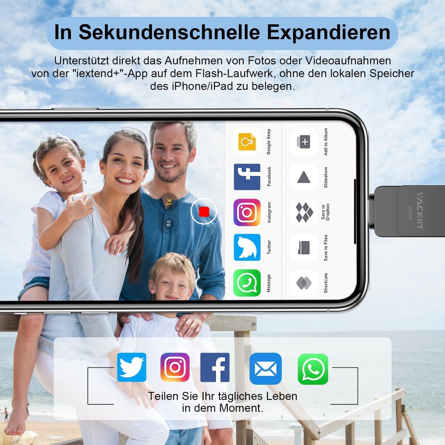 Vackiit 256GB USB Stick für iPhone – Apple-zertifiziert, Lightning & USB C, Ideal zur Speichererweiterung für iPad, iOS, Android & PC