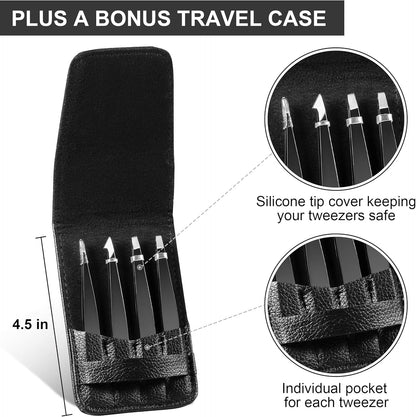 4X Pinzette Set Edelstahl - Schwarz Augenbrauenpinzette Set Schere Pinzette, Gerade Schräge Spitze Zupfpinzette Splitterpinzette Spitzpinzette Für Frauen Und Männer