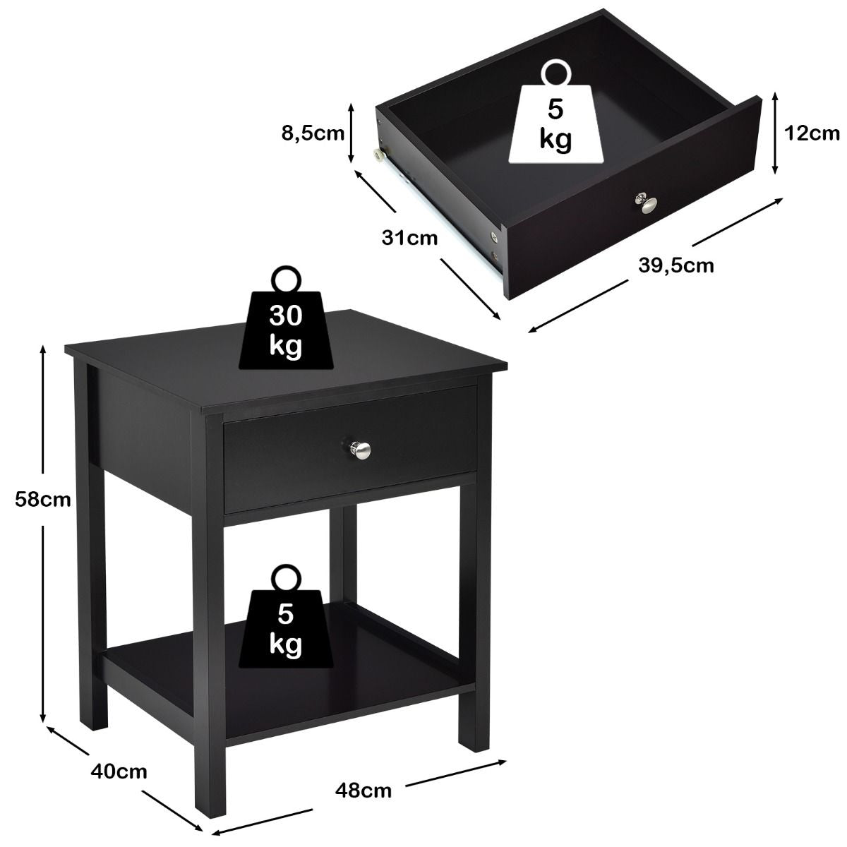 Nachttisch 2-Stufige Nachtkommode Moderner Nachtschrank Mit Schublade Schwarz