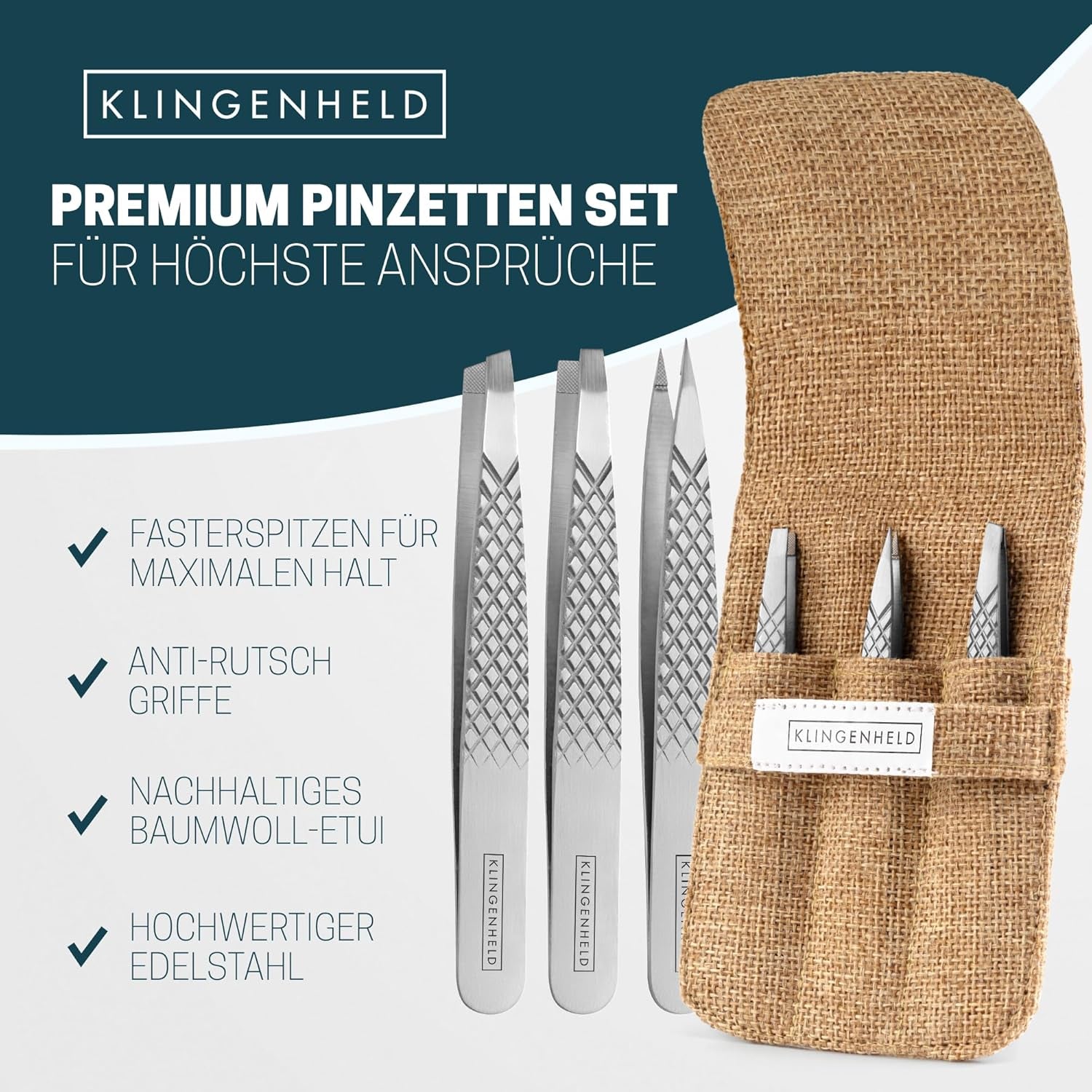 KLINGENHELD® Profi Pinzetten-Set Mit Comfortgrip-Spitzen & Anti-Rutsch Griff - Maximaler Halt & Höchste Präzision - Inkl. Baumwoll-Etui 100% Plastikfrei & Nachhaltig - Pinzette Augenbrauen Zupfen
