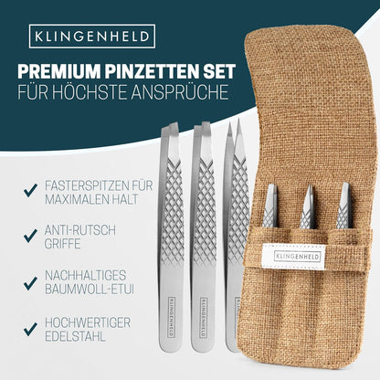 KLINGENHELD® Profi Pinzetten-Set Mit Comfortgrip-Spitzen & Anti-Rutsch Griff - Maximaler Halt & Höchste Präzision - Inkl. Baumwoll-Etui 100% Plastikfrei & Nachhaltig - Pinzette Augenbrauen Zupfen