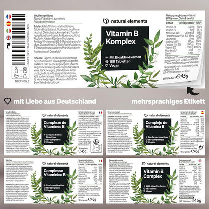 Vitamin B Komplex - 180 Tabletten - Premium: Mit Bio-Aktivformen, Quatrefolic® & Kofaktoren - Vegan, Hochdosiert, Ohne Unnötige Zusätze – in Deutschland Produziert & Laborgeprüft