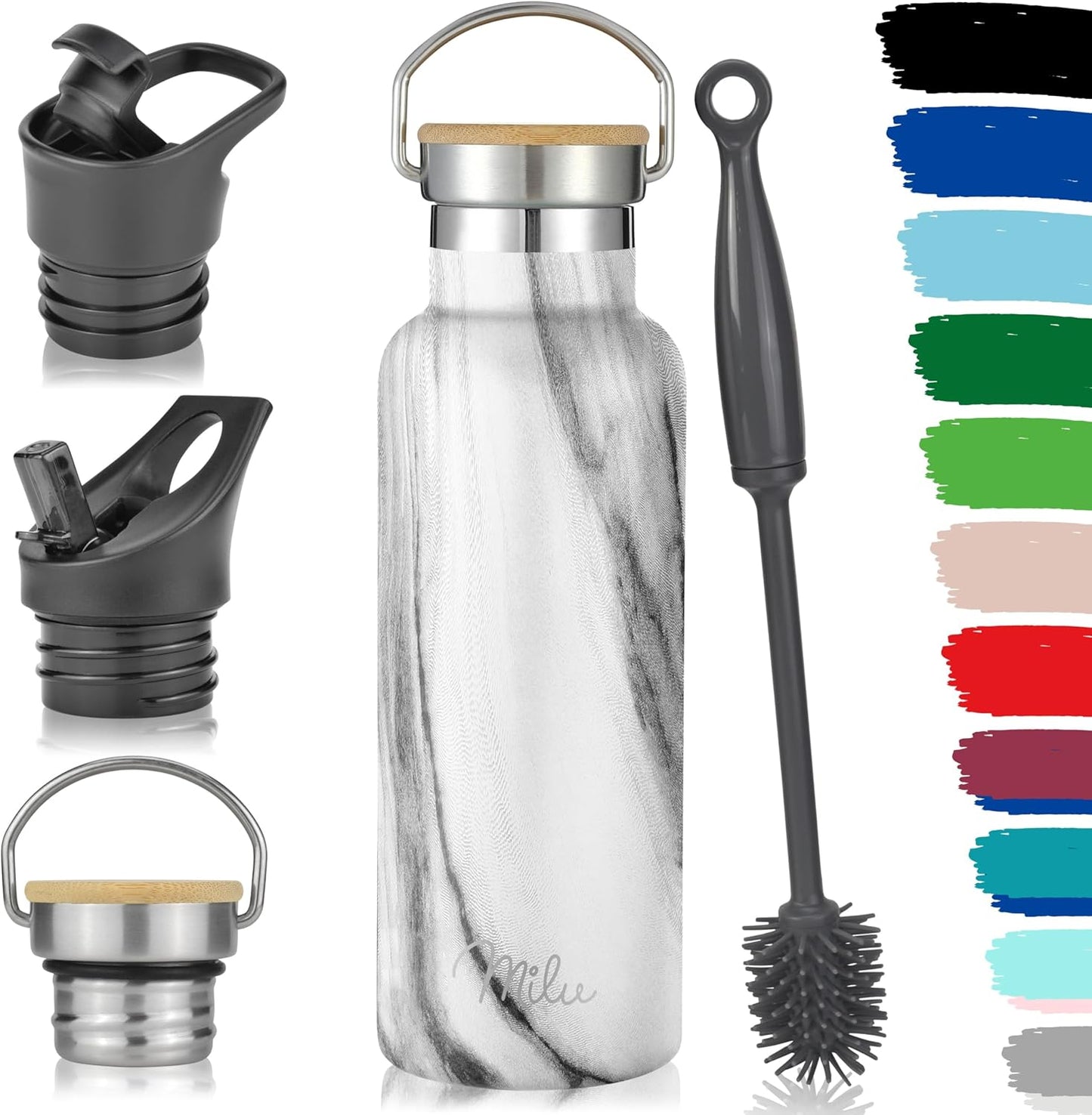 Milu Edelstahl Trinkflasche 500Ml, 750Ml, 1000Ml (+3 Deckel) - Thermosflasche Mit Strohhalm, Isolierte Wasserflasche, Auslaufsichere Isolierflasche Doppelwandig, Kohlensäure Geeignet (Marble, 500Ml)
