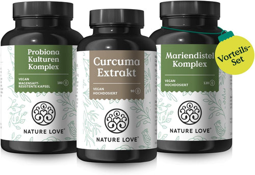 NATURE LOVE® Wohlfühlbauch Set - Probiona Kulturen Komplex, Curcuma Extrakt & Mariendistel Komplex Kapseln - Hochdosiert: 20 Mrd. KBE, 150 Mg Curcuminoide & 200 Mg Silymarin Pro Tag - Vegan…