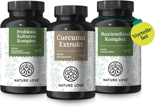 NATURE LOVE® Wohlfühlbauch Set - Probiona Kulturen Komplex, Curcuma Extrakt & Mariendistel Komplex Kapseln - Hochdosiert: 20 Mrd. KBE, 150 Mg Curcuminoide & 200 Mg Silymarin Pro Tag - Vegan…