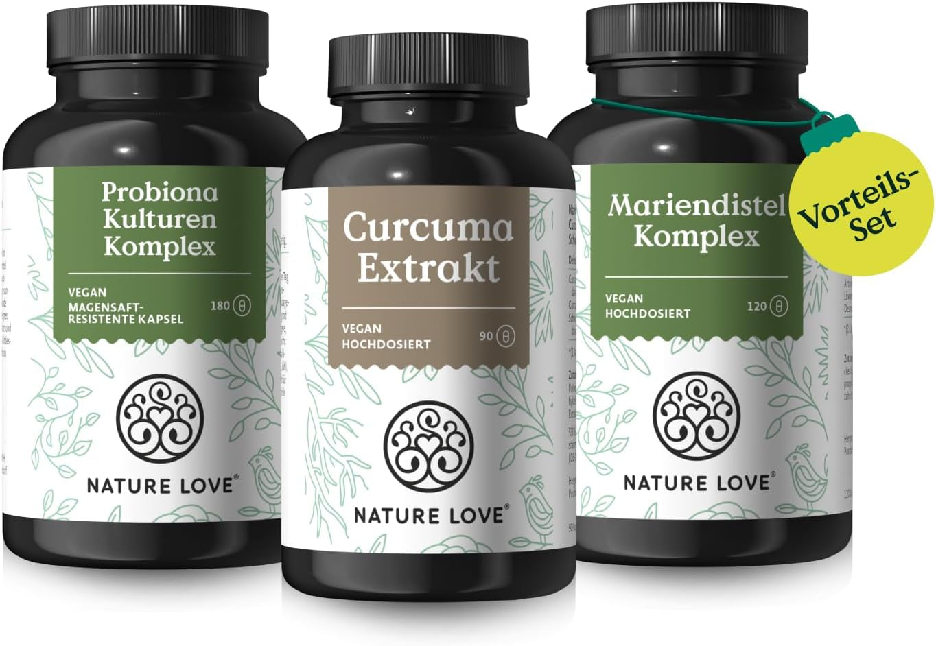 NATURE LOVE® Wohlfühlbauch Set - Probiona Kulturen Komplex, Curcuma Extrakt & Mariendistel Komplex Kapseln - Hochdosiert: 20 Mrd. KBE, 150 Mg Curcuminoide & 200 Mg Silymarin Pro Tag - Vegan…