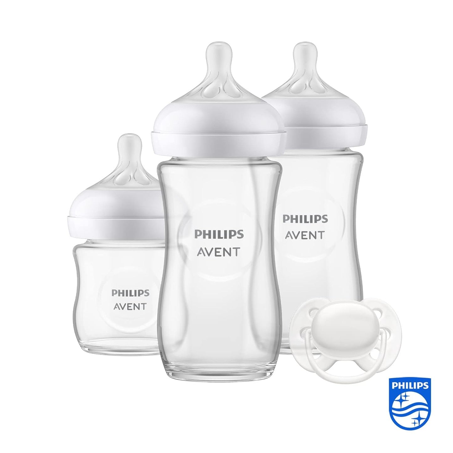 Philips Avent Babyflaschen Aus Glas, Geschenkset Für Neugeborene – 3 Babyflaschen Natural Response, Ultra Soft Schnuller, Für Babys Von 0–6 Monaten Und Älter (Modell SCD878/11)