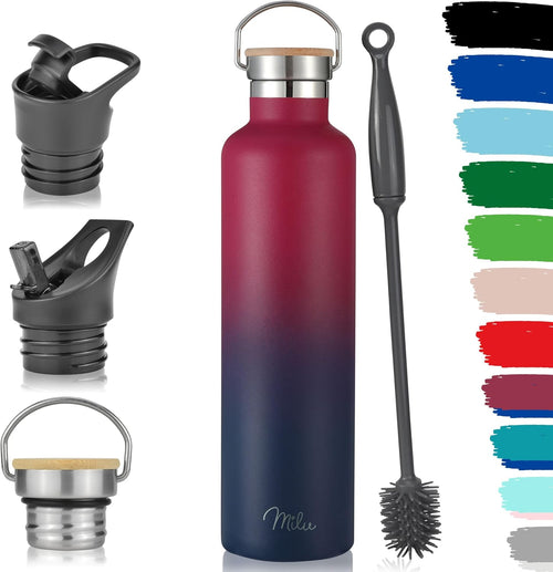 Milu Edelstahl Isolierflasche 1L mit 3 Deckeln – Auslaufsichere, Doppelwandige Trinkflasche mit Strohhalm, Perfekt für Kohlensäure (Berry Blau)