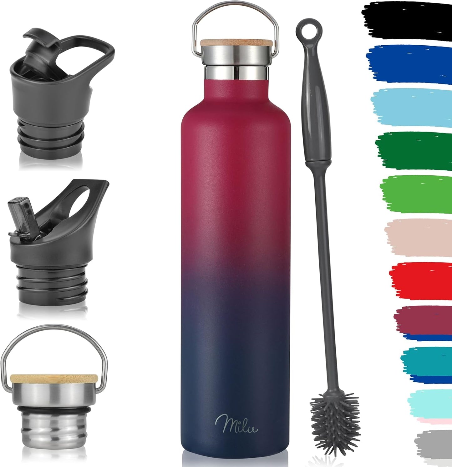 Milu Edelstahl Isolierflasche 1L mit 3 Deckeln – Auslaufsichere, Doppelwandige Trinkflasche mit Strohhalm, Perfekt für Kohlensäure (Berry Blau)