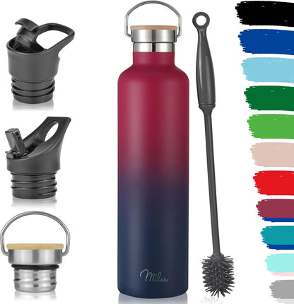 Milu Edelstahl Isolierflasche 1L mit 3 Deckeln – Auslaufsichere, Doppelwandige Trinkflasche mit Strohhalm, Perfekt für Kohlensäure (Berry Blau)