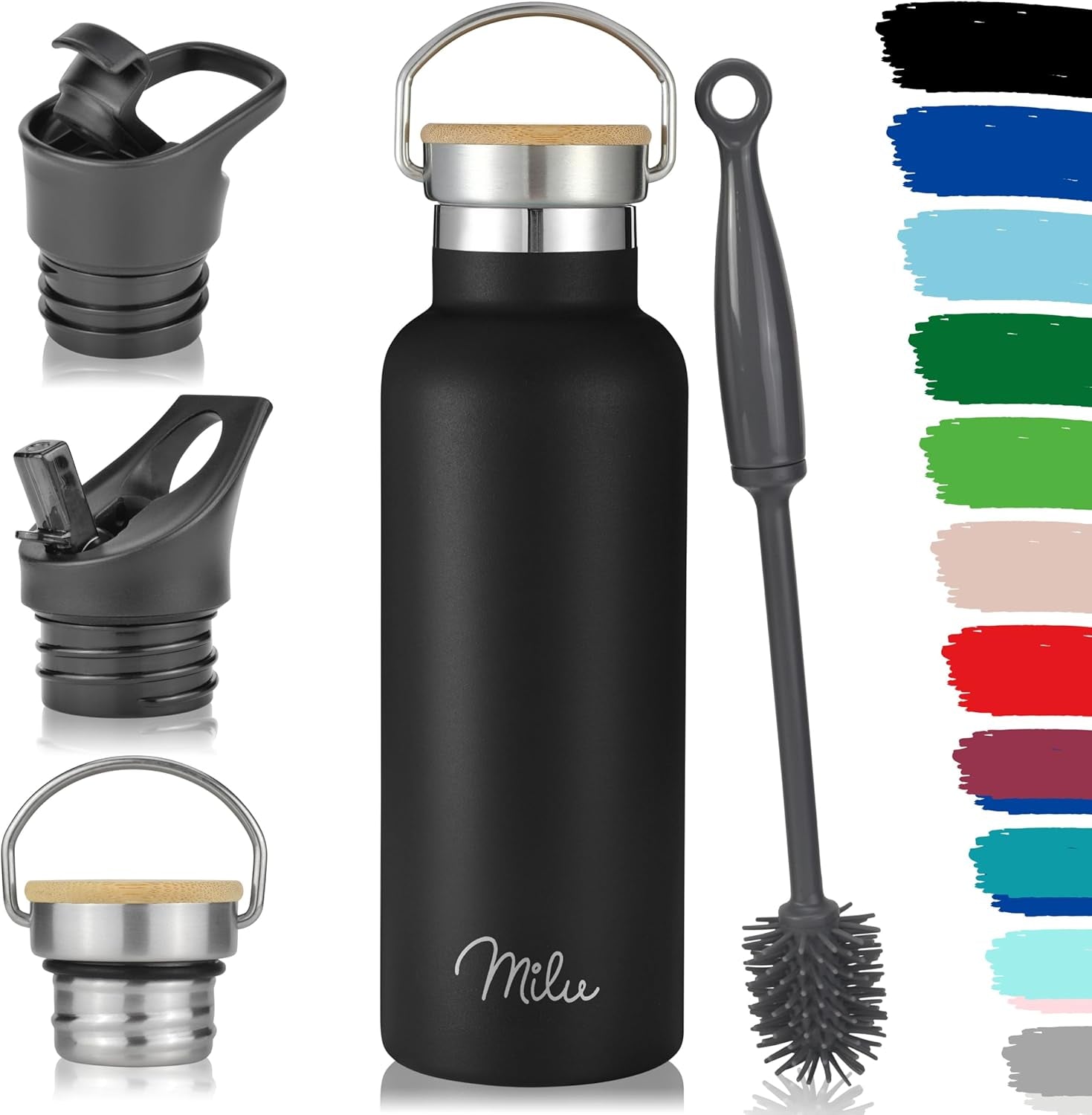 Milu Edelstahl Trinkflasche - Stylish Isolierflasche 500ml/750ml/1000ml mit 3 Deckeln und Strohhalm, Auslaufsicher und Doppelwandig, Ideal für kohlensäurehaltige Getränke - Schwarz