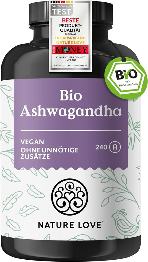 NATURE LOVE® Bio Ashwagandha - 240 Kapseln - Hochdosiert Mit 1950Mg Je Tagesdosis - Hochwertige Indische Schlafbeere - Laborgeprüft, Vegan, in Deutschland Produziert