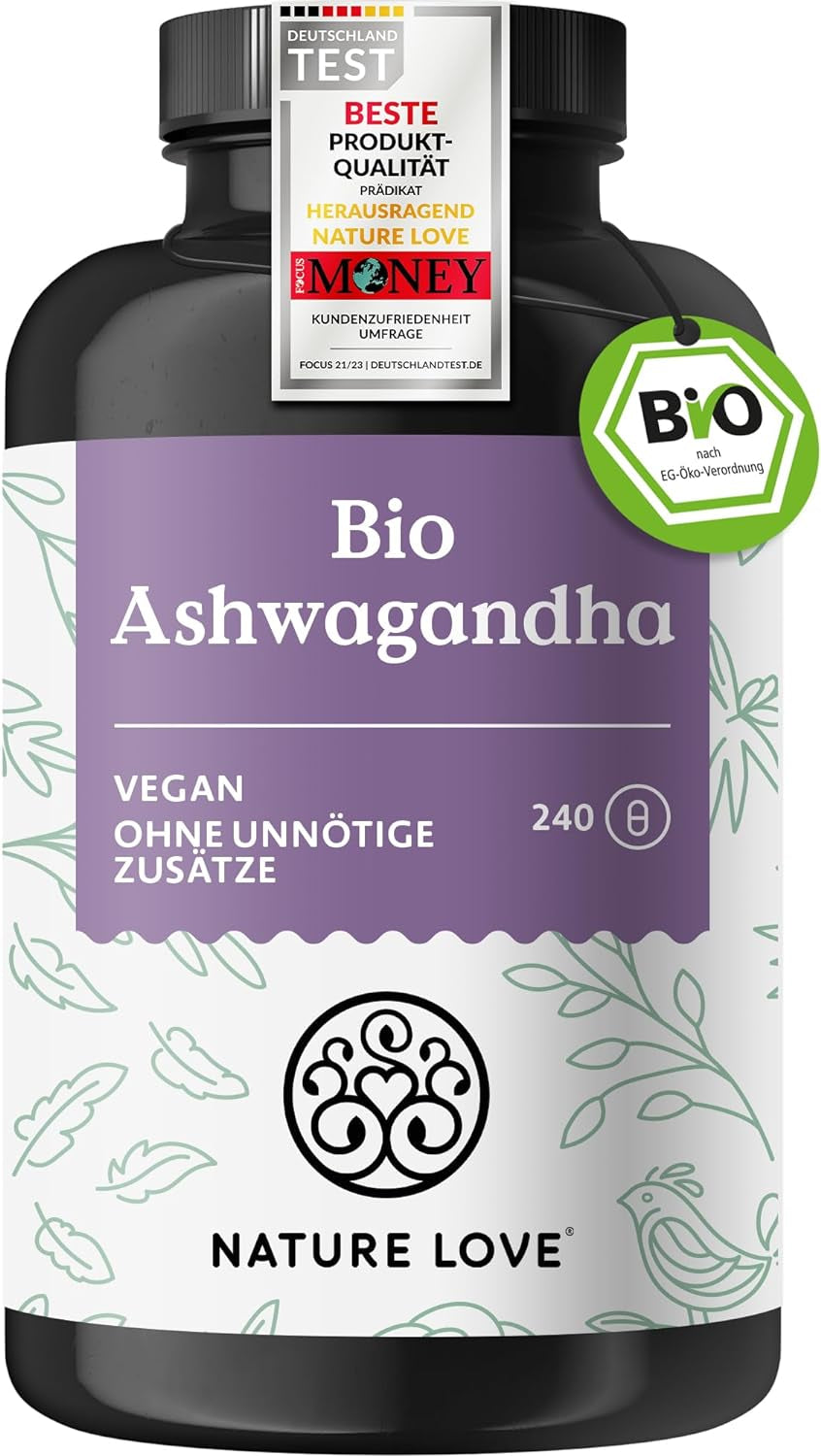 NATURE LOVE® Bio Ashwagandha - 240 Kapseln - Hochdosiert Mit 1950Mg Je Tagesdosis - Hochwertige Indische Schlafbeere - Laborgeprüft, Vegan, in Deutschland Produziert