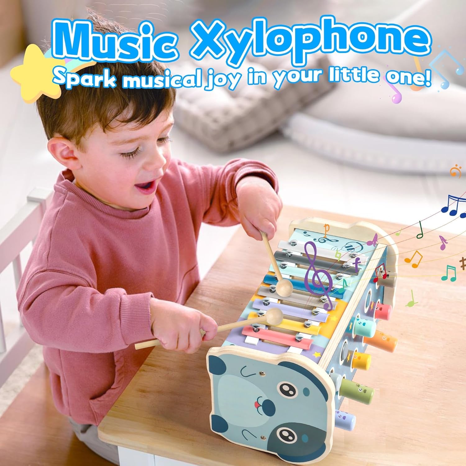 Fajiabao Montessori Motorikspielzeug aus Holz für Kinder ab 1 Jahr - Hammerspiel Xylophon, Ideal als Geschenk für Mädchen und Jungen zu Geburtstagen!