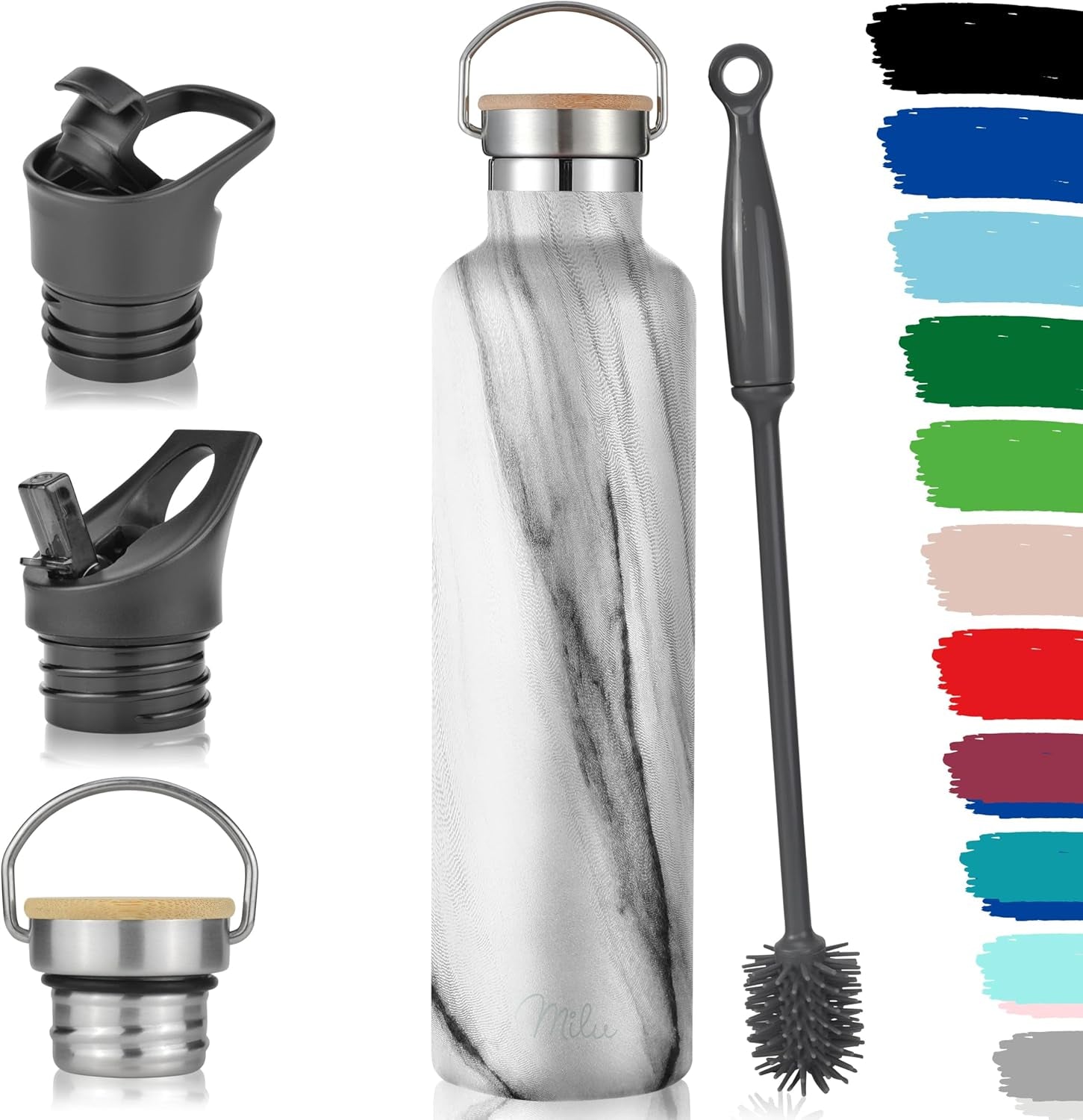 Milu 1000Ml Edelstahl Trinkflasche - Isolierte Wasserflasche mit 3 Deckeln & Strohhalm, Auslaufsicher, Doppelwandig, Elegant Marble Design
