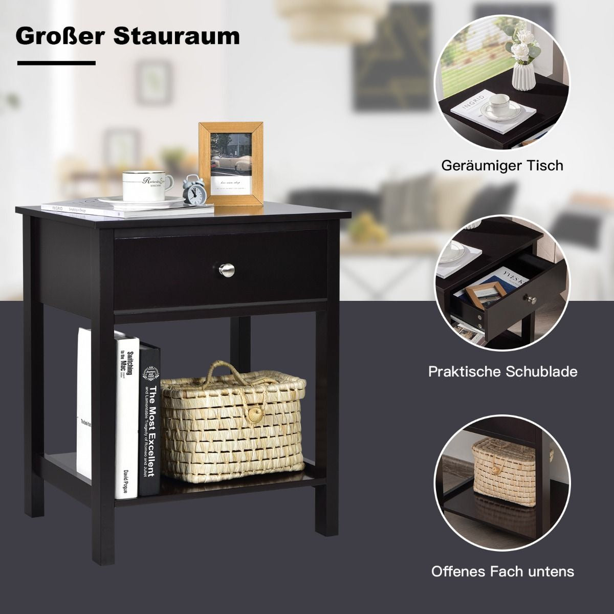 Nachttisch 2-Stufige Nachtkommode Moderner Nachtschrank Mit Schublade Schwarz