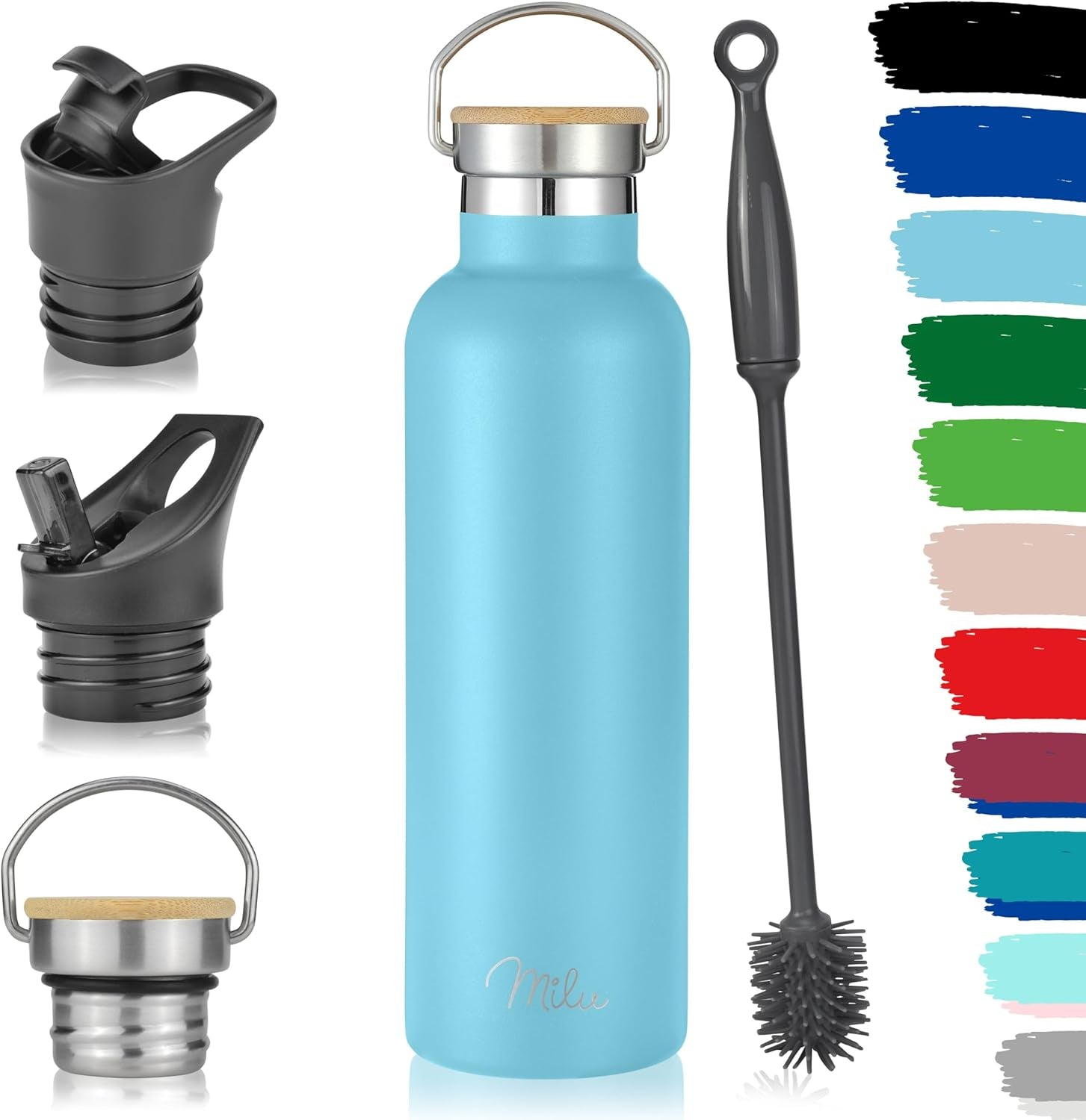 Milu Edelstahl Trinkflasche 350Ml 500Ml 750Ml 1000Ml (+3 Deckel) - Thermosflasche Mit Strohhalm, Isolierte Wasserflasche, Auslaufsichere Isolierflasche Doppelwandig (Himmelblau, 750Ml)