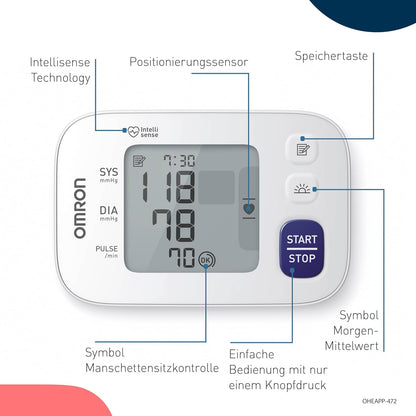 OMRON RS4 Automatisches Handgelenk-Blutdruckmessgerät, Testsieger Stiftung Warentest 11/2023, Klinisch Validiert, Mit Speicher, Positionierungssensor Für Genaue Messung, Manschettensitzkontrolle
