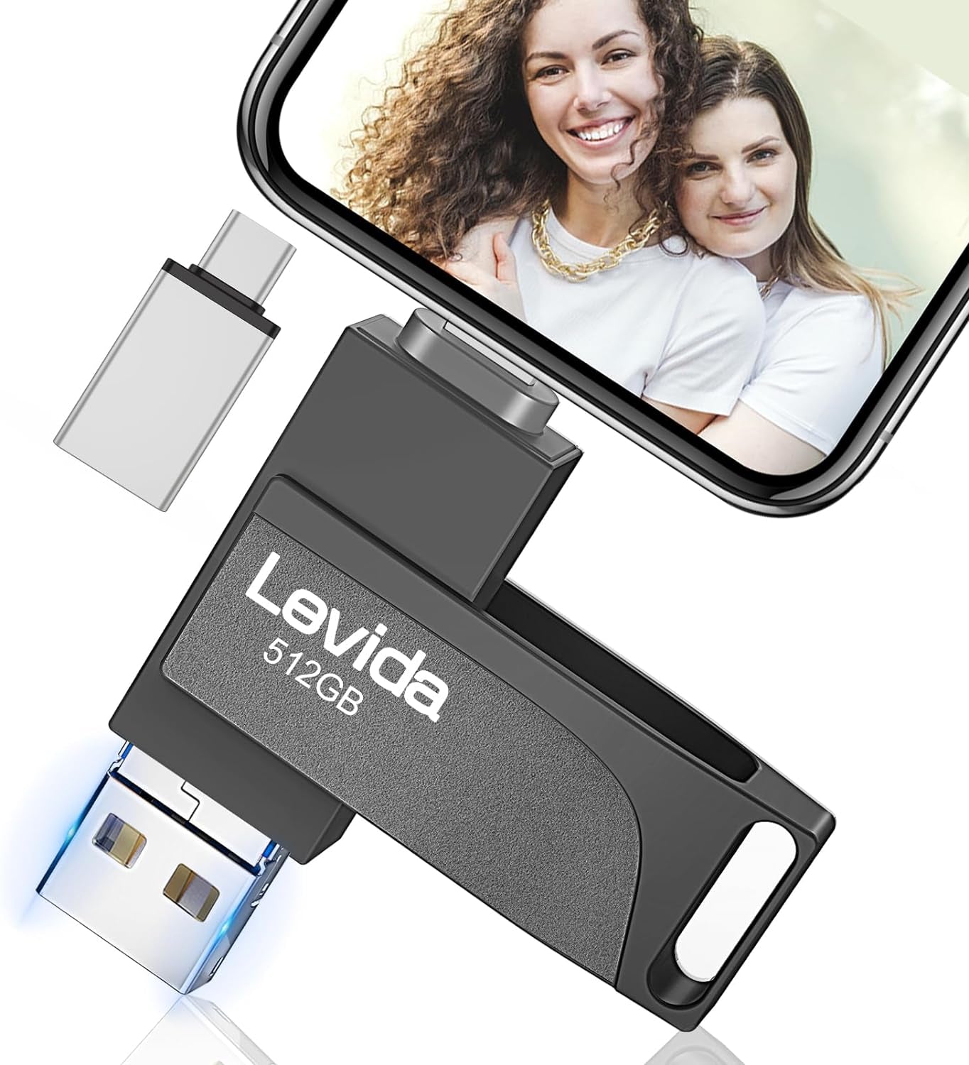 512GB 4-in-1 USB Stick - Ultimate Portable Storage for iPhone, Android, iPad, Laptop & PC - Fast Photo Backup in Sleek Black
