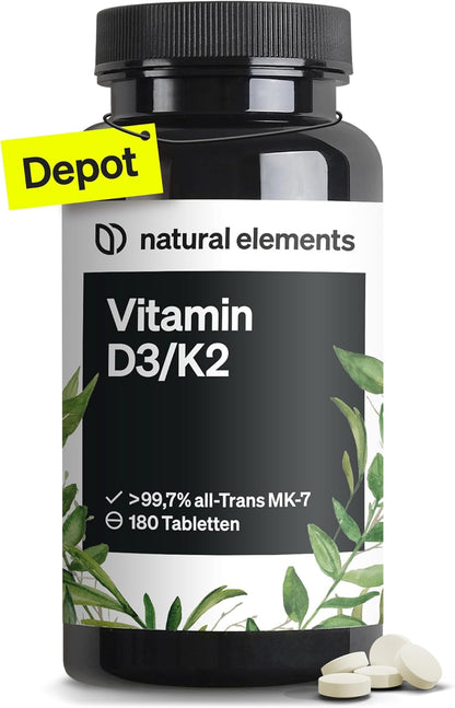 Vitamin D3 + K2 Depot – 180 Tabletten – Premium-Qualität: K2VITAL® Von Kappa – 99,7+% All-Trans K2-MK7 + 5000 IE Vitamin D3 – Hochdosiert, Ohne Zusätze – in Deutschland Produziert & Laborgeprüft