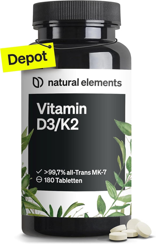 Vitamin D3 + K2 Depot – 180 Tabletten – Premium-Qualität: K2VITAL® Von Kappa – 99,7+% All-Trans K2-MK7 + 5000 IE Vitamin D3 – Hochdosiert, Ohne Zusätze – in Deutschland Produziert & Laborgeprüft