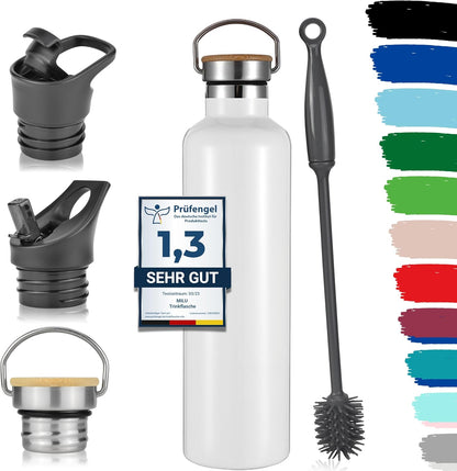 Milu Edelstahl Trinkflasche 350Ml 500Ml 750Ml 1000Ml (+3 Deckel) Thermosflasche Mit Strohhalm, Isolierte Wasserflasche, Auslaufsichere Isolierflasche Doppelwandig, Kohlensäure Geeignet (Weiß, 1000Ml)