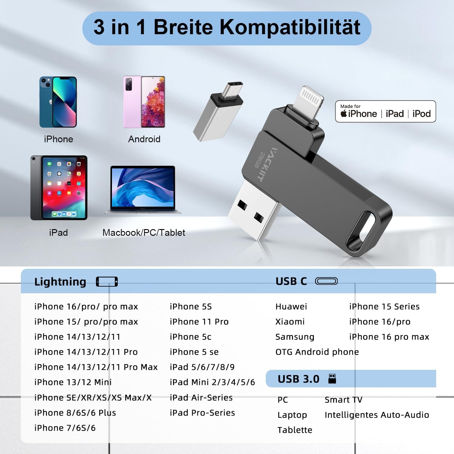 Vackiit 512GB USB Stick - MFi Certified for iPhone and iPad, Lightning & USB 3.0 Storage Expansion, Compatible with Android and PC