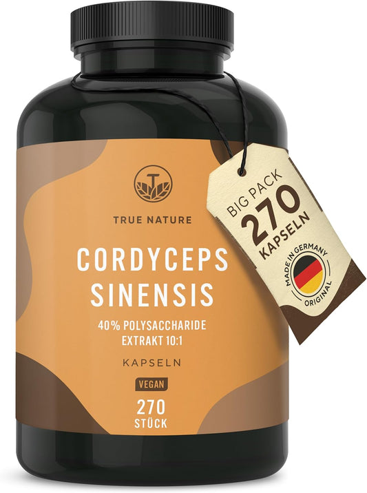 Cordyceps Kapseln Hochdosiert - 270 Stück (650Mg) - 1950Mg Pro Tag (10:1 Extrakt) - Mit 40% Bioaktiven Polysacchariden - Laborgeprüft - Vegan & Deutsche Produktion - TRUE NATURE